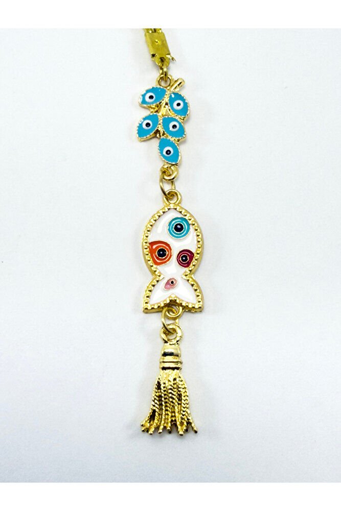 Yeni Araba Hediyesi, Mavi Salkım Metal Balık Renkli Nazar Boncuklu Metal Püsküllü Dikiz Ayna Süsü