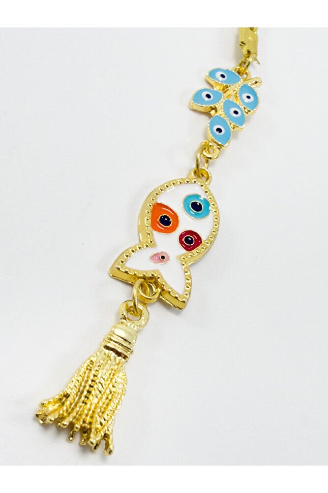 Yeni Araba Hediyesi, Mavi Salkım Metal Balık Renkli Nazar Boncuklu Metal Püsküllü Dikiz Ayna Süsü