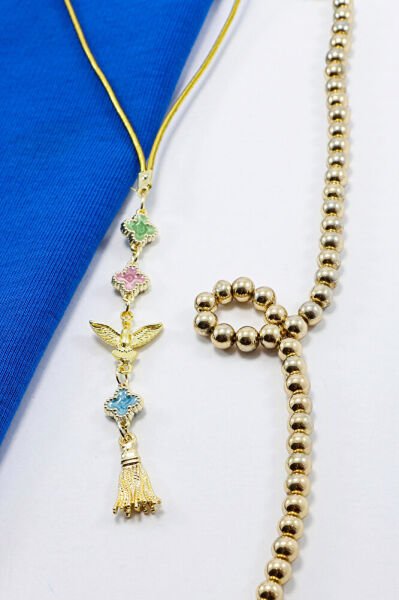 Mavi Pembe Yeşil Yonca Metal Anka Kuşu Araba Dikiz Ayna Süsü Gold Renkli, Elastik İpli