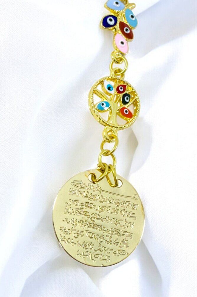 Renkli Salkım Nazar Boncuğu Yaşam Ağacı Metal Ayetel Kürsi Araba Dikiz Ayna Süsü, Gold Renkli