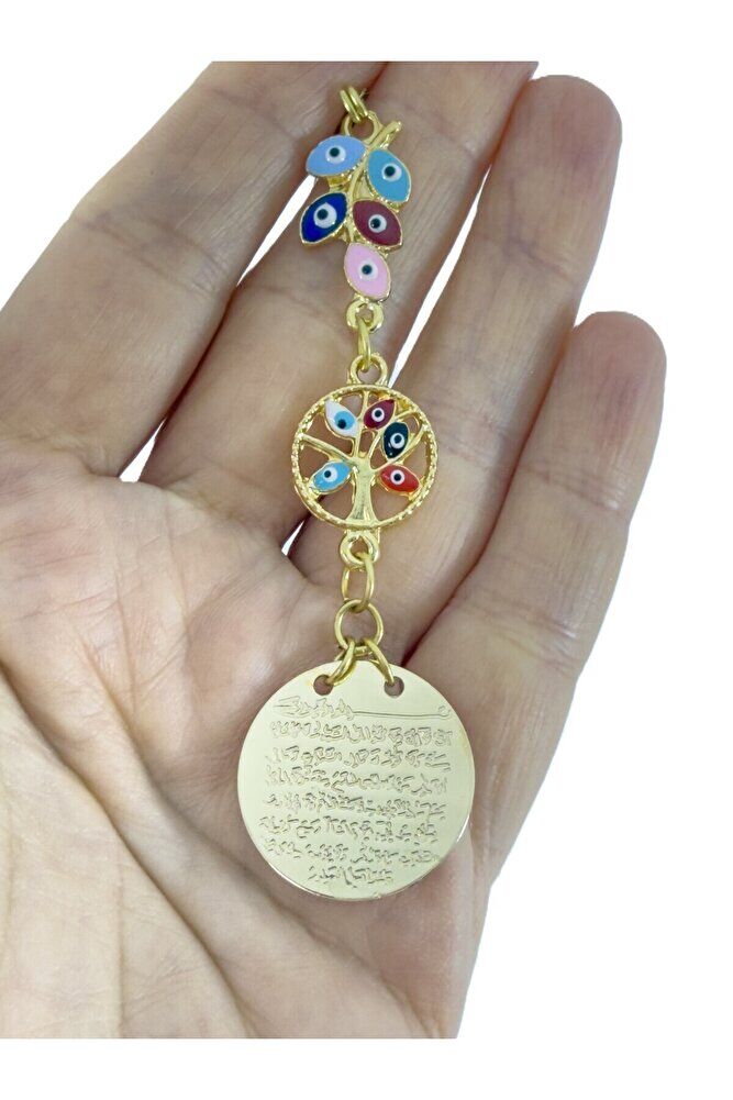 Renkli Salkım Nazar Boncuğu Yaşam Ağacı Metal Ayetel Kürsi Araba Dikiz Ayna Süsü, Gold Renkli