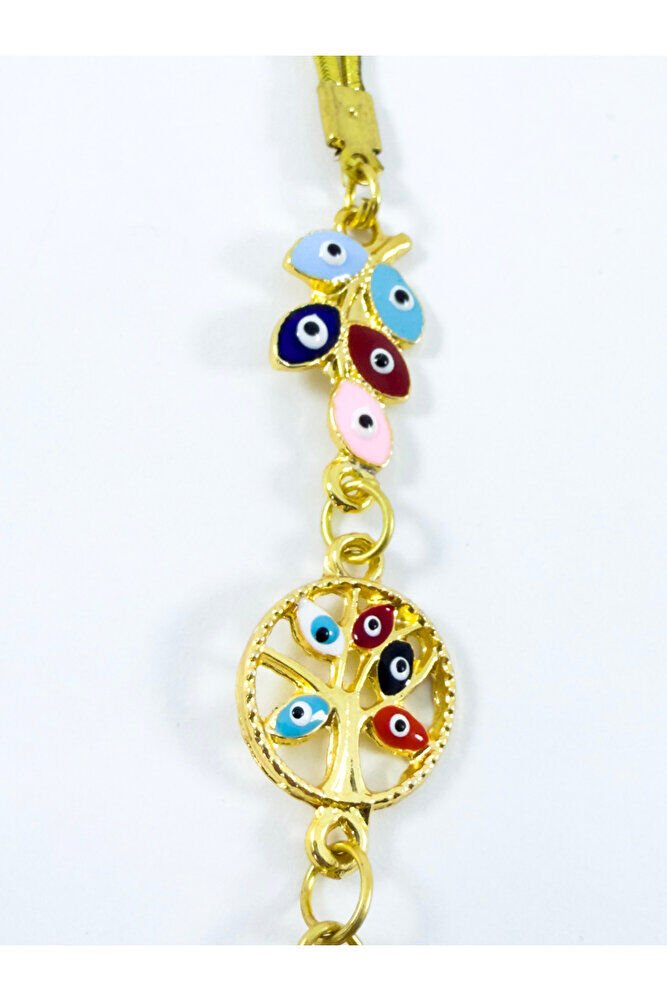 Renkli Salkım Nazar Boncuğu Yaşam Ağacı Metal Ayetel Kürsi Araba Dikiz Ayna Süsü, Gold Renkli