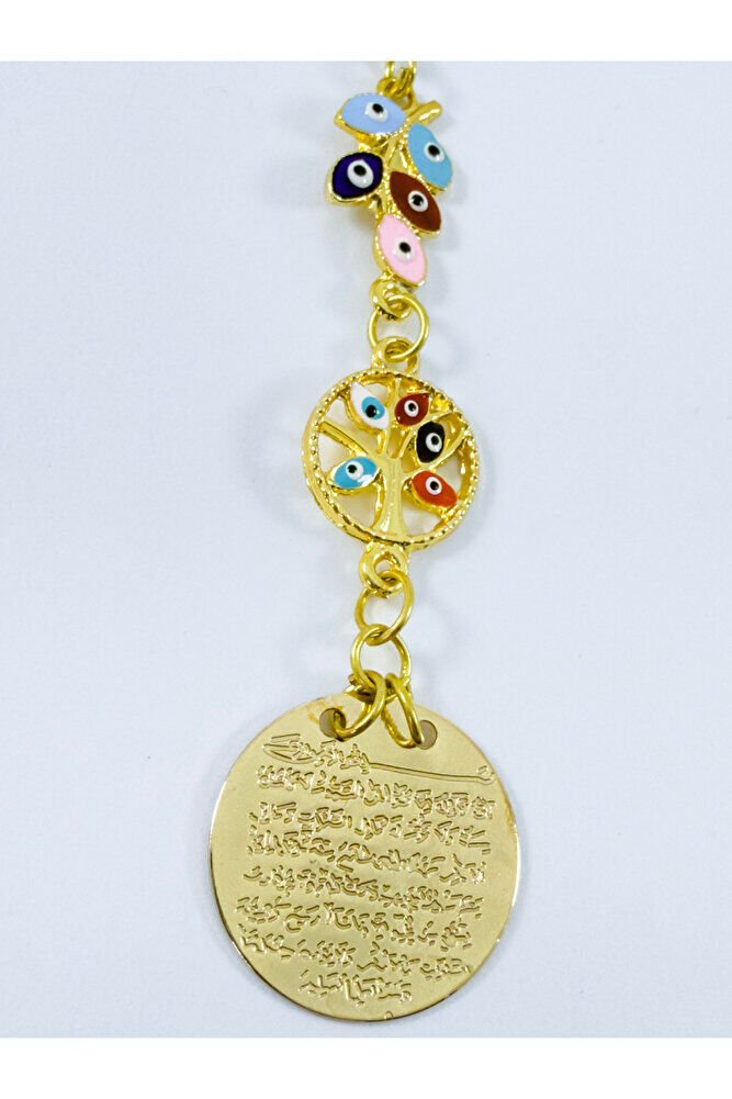 Renkli Salkım Nazar Boncuğu Yaşam Ağacı Metal Ayetel Kürsi Araba Dikiz Ayna Süsü, Gold Renkli