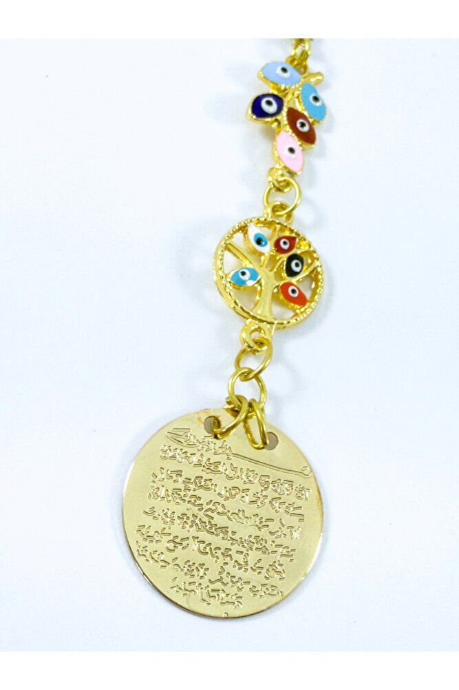 Renkli Salkım Nazar Boncuğu Yaşam Ağacı Metal Ayetel Kürsi Araba Dikiz Ayna Süsü, Gold Renkli