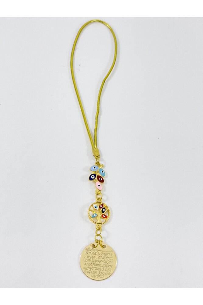 Renkli Salkım Nazar Boncuğu Yaşam Ağacı Metal Ayetel Kürsi Araba Dikiz Ayna Süsü, Gold Renkli