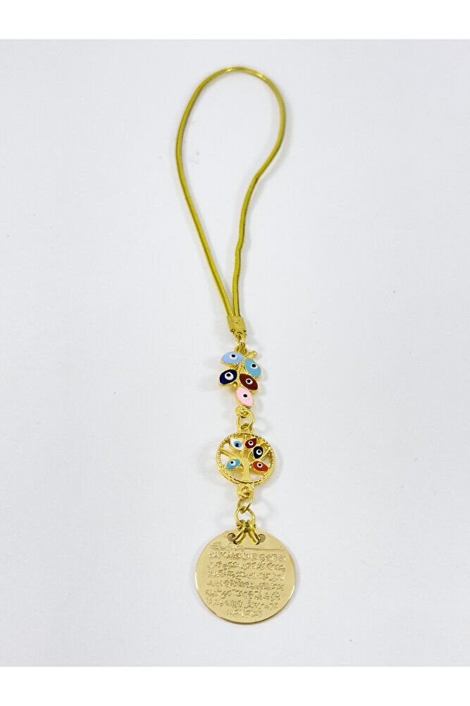 Renkli Salkım Nazar Boncuğu Yaşam Ağacı Metal Ayetel Kürsi Araba Dikiz Ayna Süsü, Gold Renkli