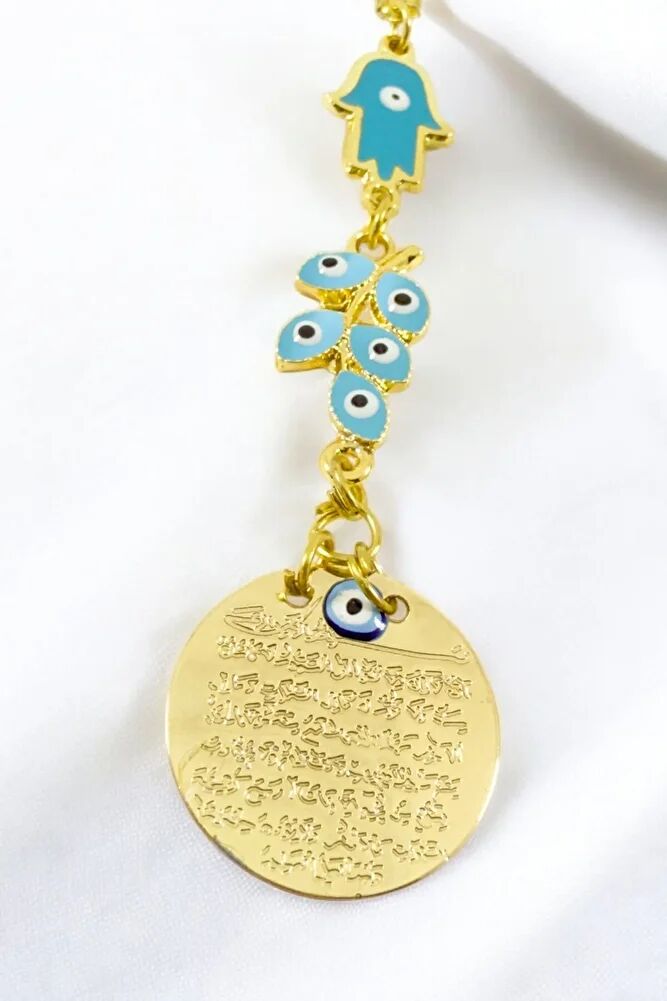 Mavi Mineli Nazar Boncuklu Metal Ayetel Kürsi Araba Dikiz Ayna Süsü, Gold Renkli