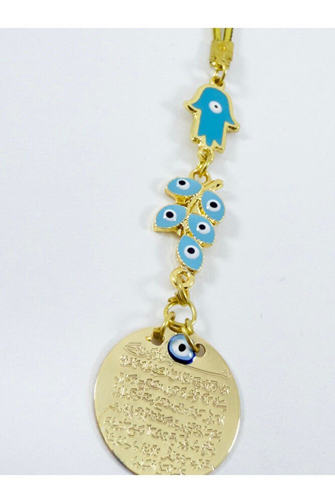 Mavi Mineli Nazar Boncuklu Metal Ayetel Kürsi Araba Dikiz Ayna Süsü, Gold Renkli