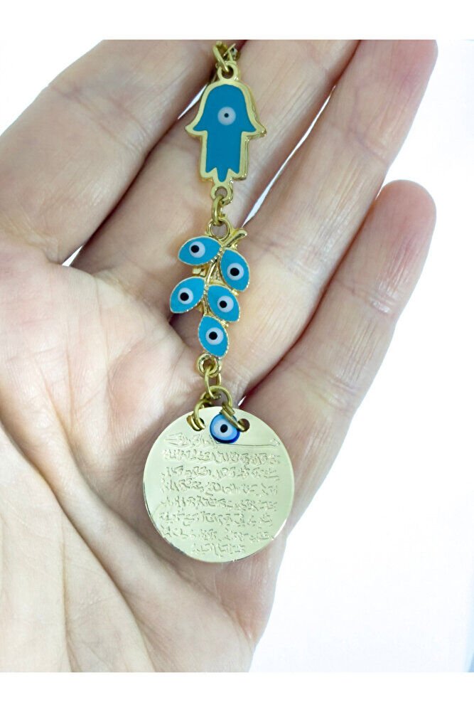 Mavi Mineli Nazar Boncuklu Metal Ayetel Kürsi Araba Dikiz Ayna Süsü, Gold Renkli