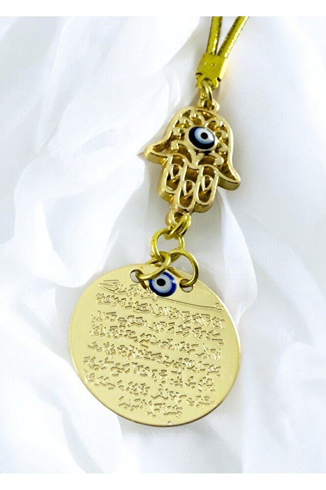 Evil Eye Beaded Openwork Hamse Fatima Mother's Hand Metal Ayetel Kursi Car Rearview Mirror Ornament, Gold Color