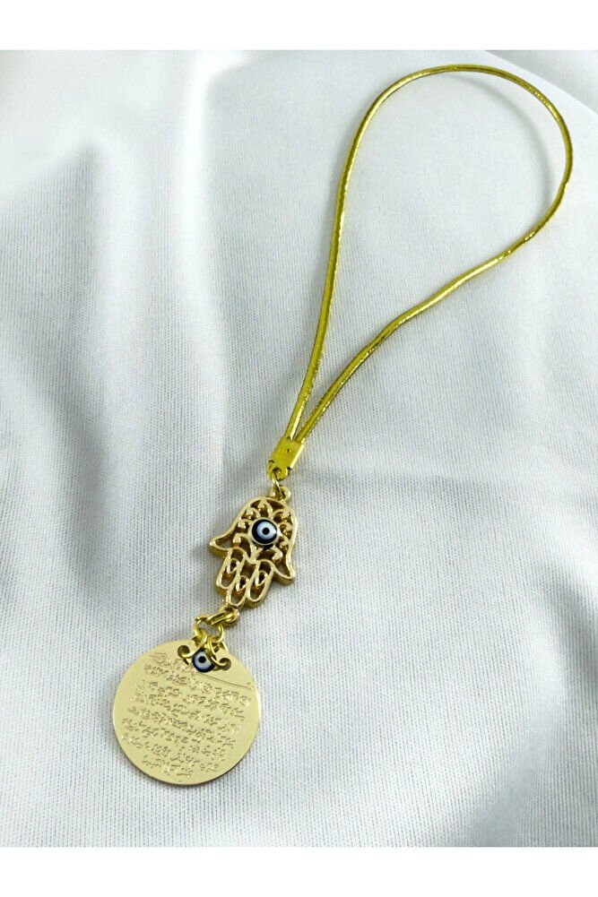 Evil Eye Beaded Openwork Hamse Fatima Mother's Hand Metal Ayetel Kursi Car Rearview Mirror Ornament, Gold Color