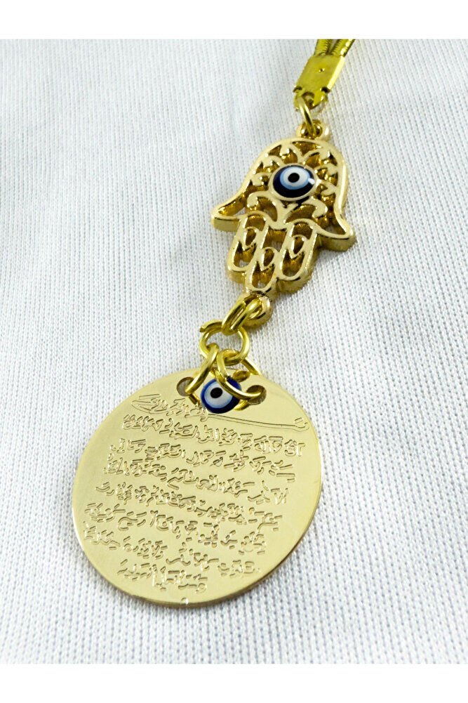 Evil Eye Beaded Openwork Hamse Fatima Mother's Hand Metal Ayetel Kursi Car Rearview Mirror Ornament, Gold Color