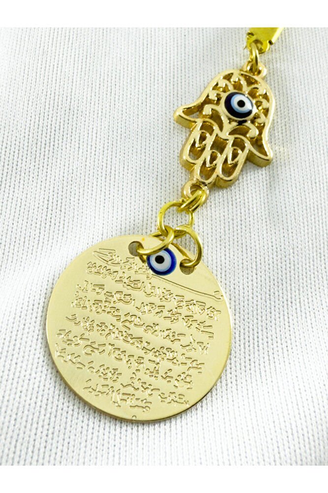 Evil Eye Beaded Openwork Hamse Fatima Mother's Hand Metal Ayetel Kursi Car Rearview Mirror Ornament, Gold Color