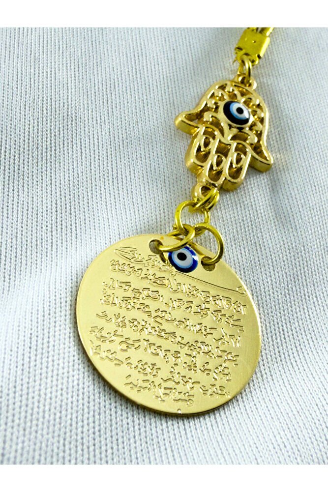 Evil Eye Beaded Openwork Hamse Fatima Mother's Hand Metal Ayetel Kursi Car Rearview Mirror Ornament, Gold Color