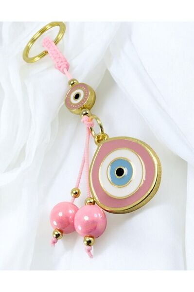 Toz Pembe Parlak Taşlı Küp Boncuk Detaylı Göz Figürlü Anahtarlık / Hediyelik Anahtarlık