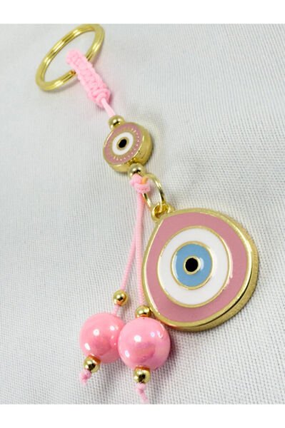 Toz Pembe Parlak Taşlı Küp Boncuk Detaylı Göz Figürlü Anahtarlık / Hediyelik Anahtarlık