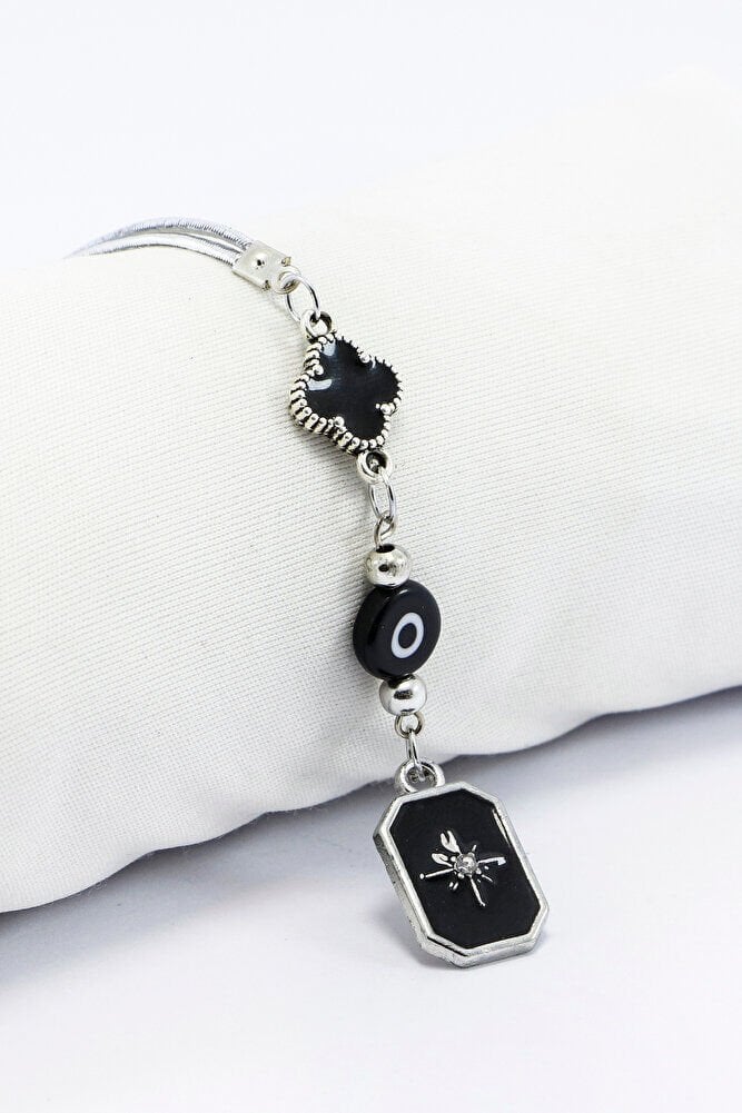 Siyah Beyaz Cam Nazar Boncuğu Siyah Yonca Metal Kuzey Yıldızı Araba Dikiz Ayna Süsü Gümüş Renkli