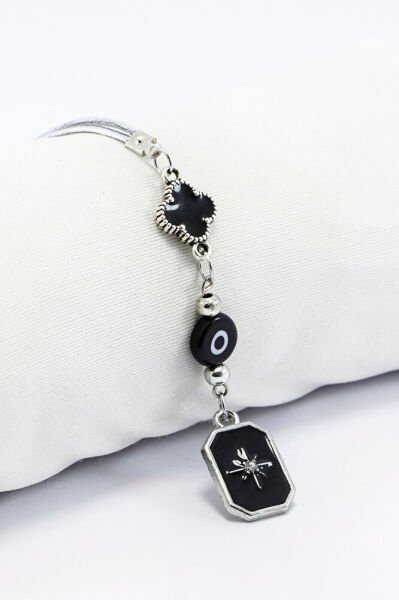 Siyah Beyaz Cam Nazar Boncuğu Siyah Yonca Metal Kuzey Yıldızı Araba Dikiz Ayna Süsü Gümüş Renkli