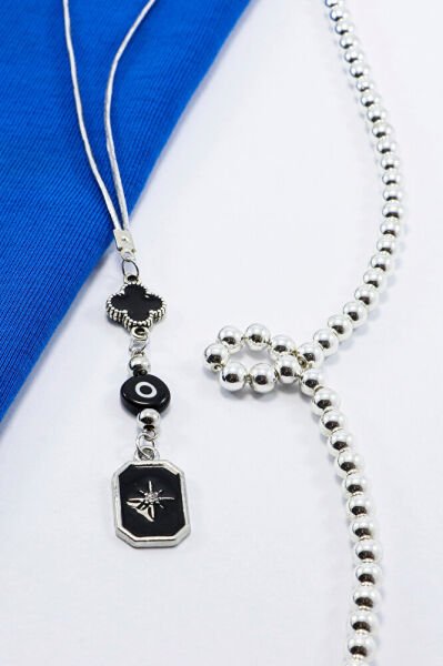 Siyah Beyaz Cam Nazar Boncuğu Siyah Yonca Metal Kuzey Yıldızı Araba Dikiz Ayna Süsü Gümüş Renkli