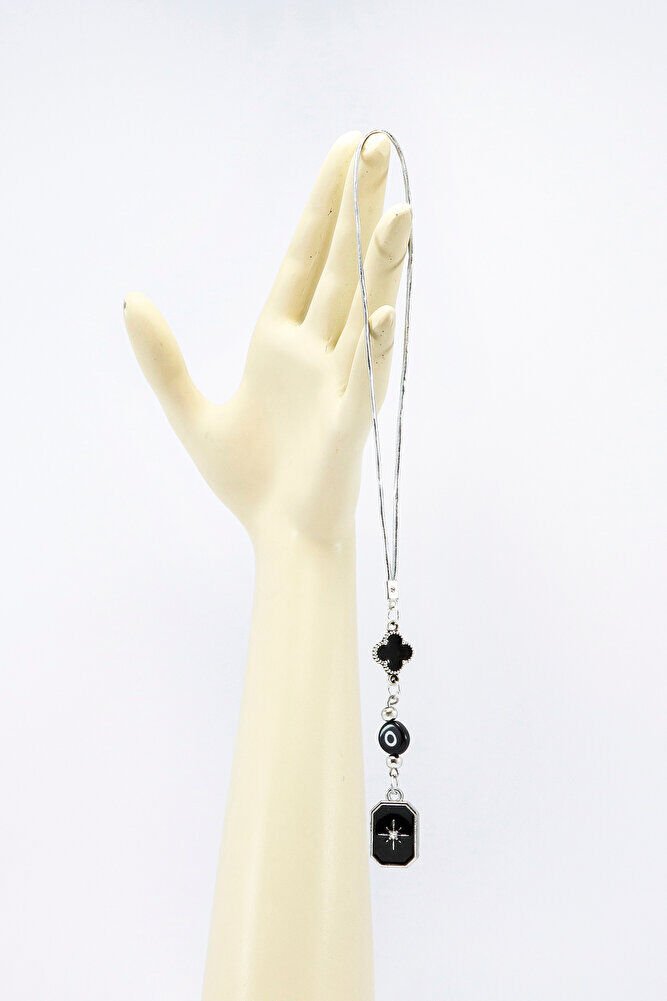 Siyah Beyaz Cam Nazar Boncuğu Siyah Yonca Metal Kuzey Yıldızı Araba Dikiz Ayna Süsü Gümüş Renkli