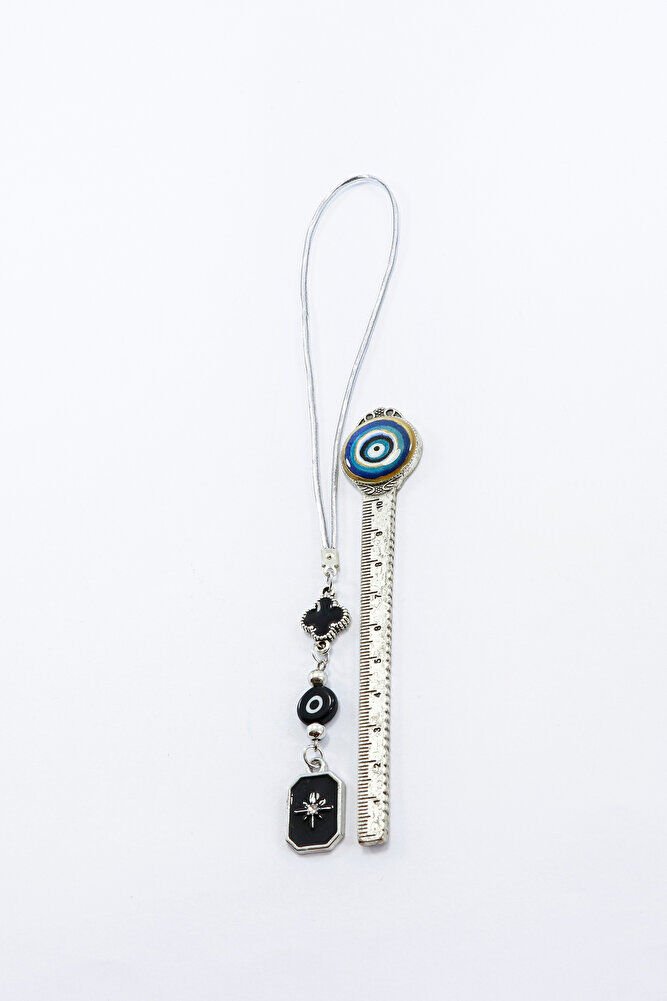 Siyah Beyaz Cam Nazar Boncuğu Siyah Yonca Metal Kuzey Yıldızı Araba Dikiz Ayna Süsü Gümüş Renkli