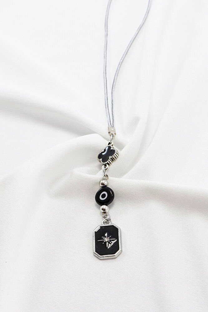 Siyah Beyaz Cam Nazar Boncuğu Siyah Yonca Metal Kuzey Yıldızı Araba Dikiz Ayna Süsü Gümüş Renkli