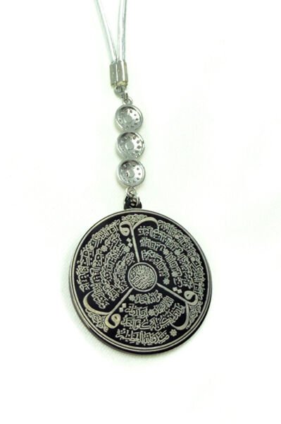 Üçlü Zirkon Taşlı Siyah Çelik Çift Taraflı Ayetel Kürsi / Felak Nas Ihlas Araba Dikiz Ayna Süsü