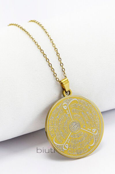 Gold 316L Çelik Kolye Lazer Kazıma Önde Ayetel Kürsi Arkada Felak Nas İhlas 3cm