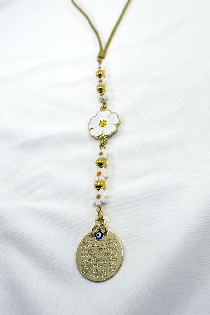 Papatya Çiçekli Metal Ayetel Kürsi Araba Dikiz Ayna Süsü Altın Renkli