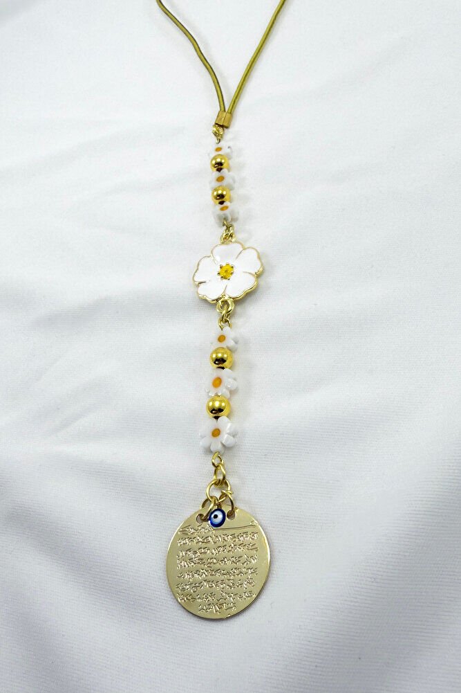 Papatya Çiçekli Metal Ayetel Kürsi Araba Dikiz Ayna Süsü Altın Renkli