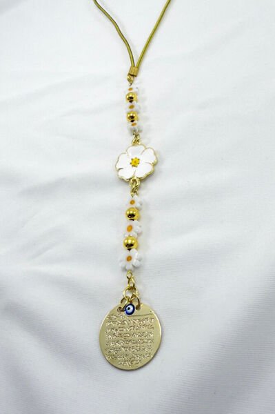 Papatya Çiçekli Metal Ayetel Kürsi Araba Dikiz Ayna Süsü Altın Renkli