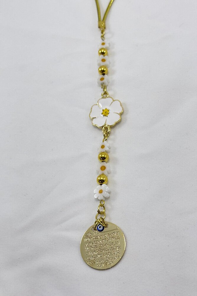 Papatya Çiçekli Metal Ayetel Kürsi Araba Dikiz Ayna Süsü Altın Renkli