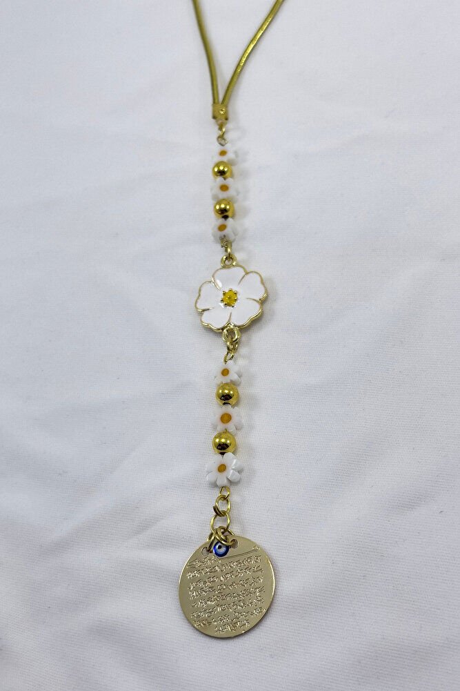 Papatya Çiçekli Metal Ayetel Kürsi Araba Dikiz Ayna Süsü Altın Renkli