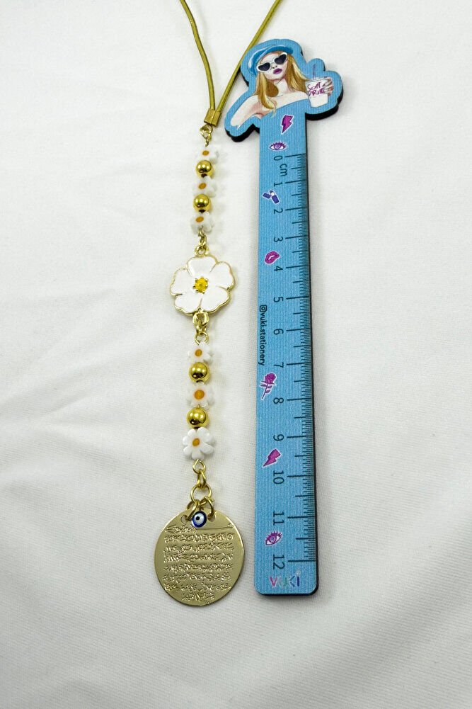 Papatya Çiçekli Metal Ayetel Kürsi Araba Dikiz Ayna Süsü Altın Renkli