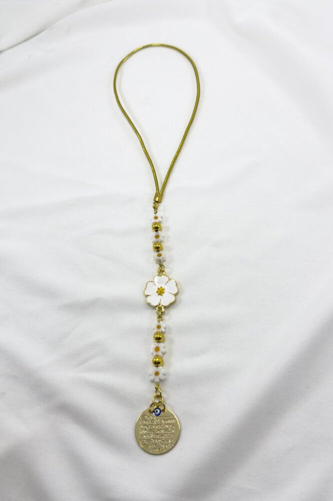 Papatya Çiçekli Metal Ayetel Kürsi Araba Dikiz Ayna Süsü Altın Renkli