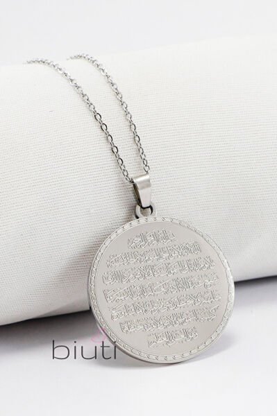 Paslanmaz Gümüş Çelik Kolye Lazer Kazıma Önde Ayetel Kürsi Arkada Felak Nas İhlas 3cm