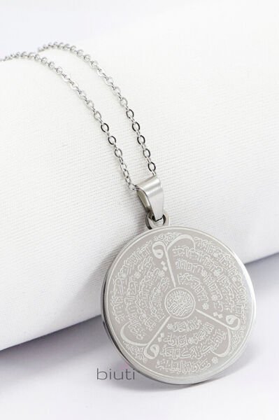 Paslanmaz Gümüş Çelik Kolye Lazer Kazıma Önde Ayetel Kürsi Arkada Felak Nas İhlas 3cm