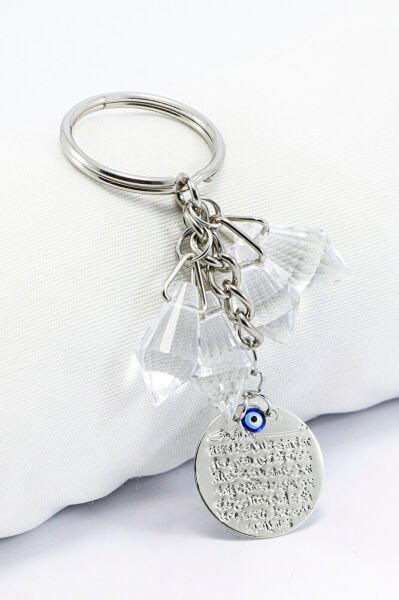 Şeffaf Kristal Boncuklu Metal Ayet'el Kürsi Metal Anahtarlık, Hediyelik Anahtarlık