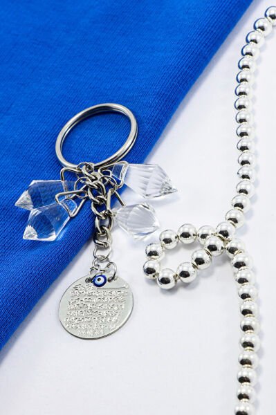 Şeffaf Kristal Boncuklu Metal Ayet'el Kürsi Metal Anahtarlık, Hediyelik Anahtarlık