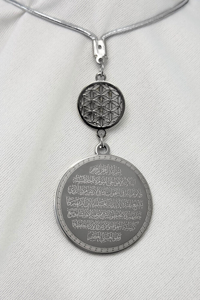 Yaşam Çiçeği Gümüş Renk Çelik Çift Taraflı Ayetel Kürsi/ Nazar Ayeti Araba Dikiz Ayna Süsü