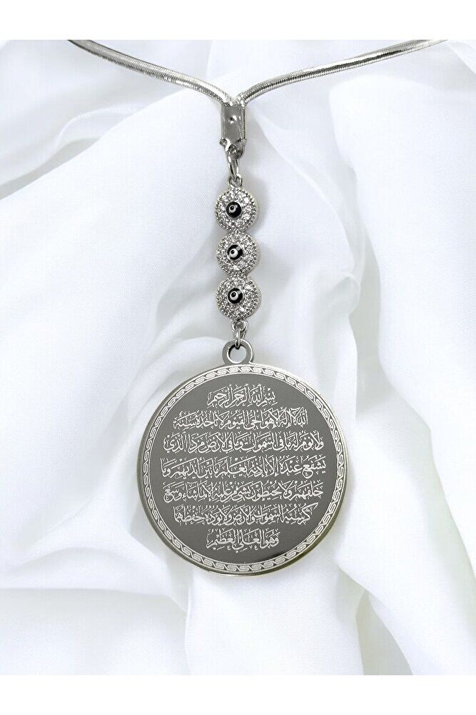 Gümüş Renk Parlak Taşlı Nazar Çelik Çift Taraflı Ayetel Kürsi Felak Nas Ihlas Araba Dikiz Ayna Süsü