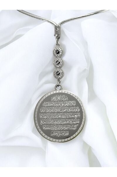 Gümüş Renk Parlak Taşlı Nazar Çelik Çift Taraflı Ayetel Kürsi Felak Nas Ihlas Araba Dikiz Ayna Süsü