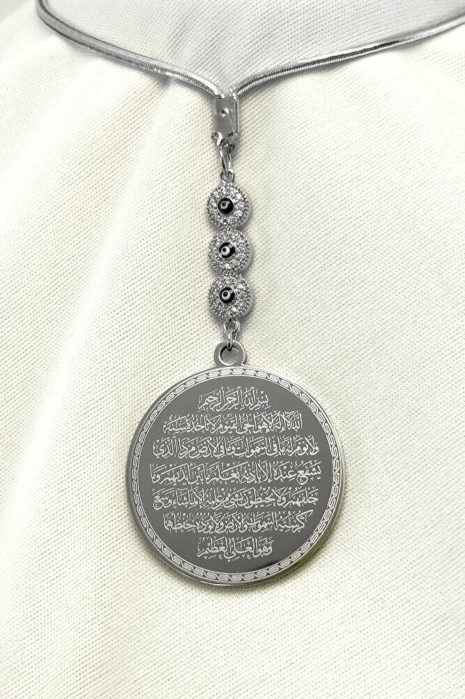 Gümüş Renk Parlak Taşlı Nazar Çelik Çift Taraflı Ayetel Kürsi Felak Nas Ihlas Araba Dikiz Ayna Süsü