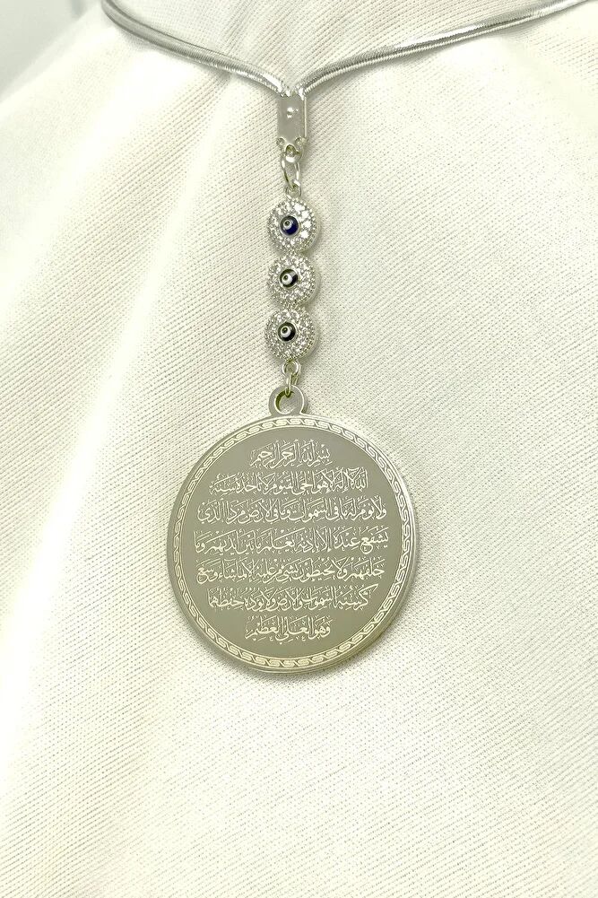 Gümüş Renk Parlak Taşlı Nazar Çelik Çift Taraflı Ayetel Kürsi Felak Nas Ihlas Araba Dikiz Ayna Süsü