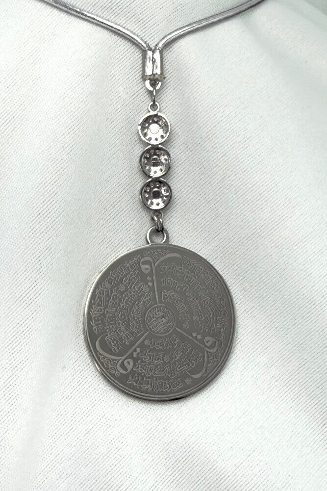 Gümüş Renk Parlak Taşlı Nazar Çelik Çift Taraflı Ayetel Kürsi Felak Nas Ihlas Araba Dikiz Ayna Süsü