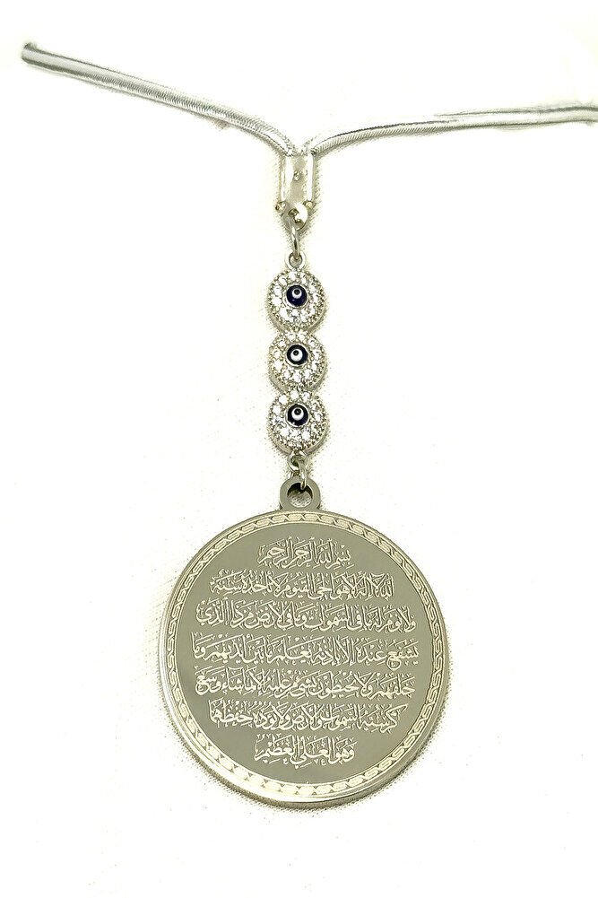 Gümüş Renk Parlak Taşlı Nazar Çelik Çift Taraflı Ayetel Kürsi Felak Nas Ihlas Araba Dikiz Ayna Süsü