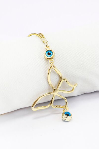 Gold Renkli Metal Kelebek Çift Nazar Boncuklu Araba Dikiz Ayna Süsü, Çift Taraflı Araba Hediyesi