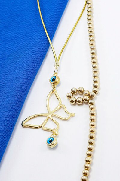 Gold Renkli Metal Kelebek Çift Nazar Boncuklu Araba Dikiz Ayna Süsü, Çift Taraflı Araba Hediyesi