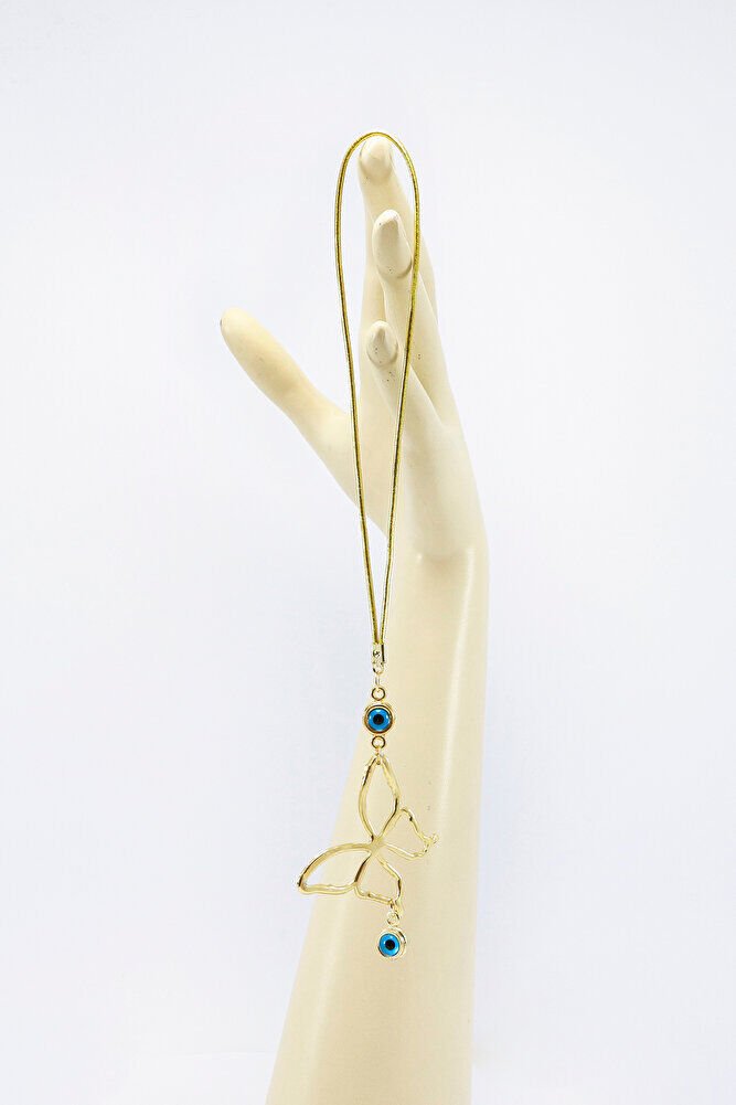 Gold Renkli Metal Kelebek Çift Nazar Boncuklu Araba Dikiz Ayna Süsü, Çift Taraflı Araba Hediyesi