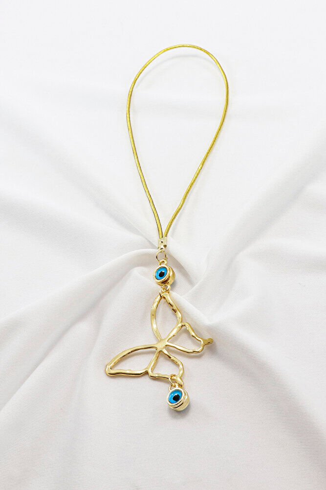 Gold Renkli Metal Kelebek Çift Nazar Boncuklu Araba Dikiz Ayna Süsü, Çift Taraflı Araba Hediyesi